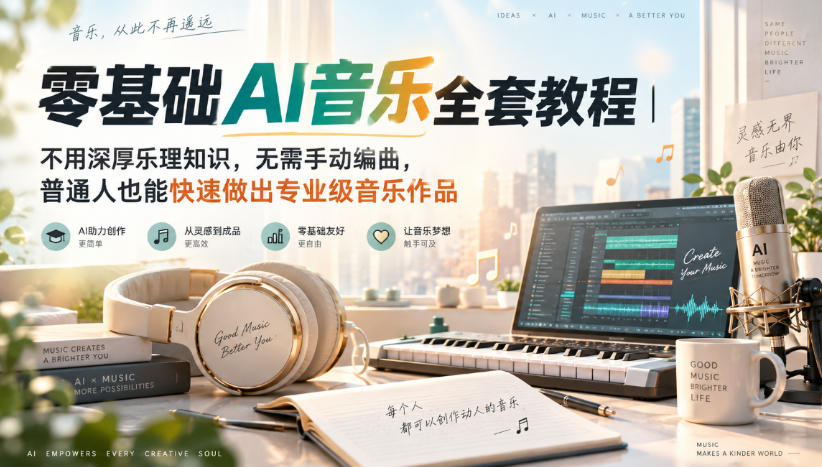 零基础AI音乐全套教程｜不用深厚乐理知识，无需手动编曲，普通人也能快速做出专业级音乐作品-巅峰研习社