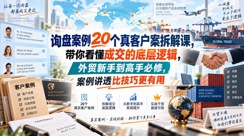 询盘案例20个真客户案拆解课,带你看懂成交的底层逻辑,外贸新手到高手必修,案例讲透比技巧更有用-巅峰研习社
