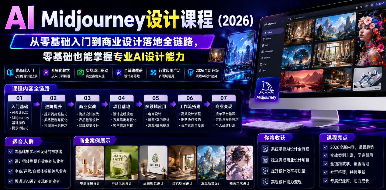 AI Midjourney设计课程(2026)，从零基础入门到商业设计落地全链路，零基础也能掌握专业AI设计能力(更新0913)-巅峰研习社