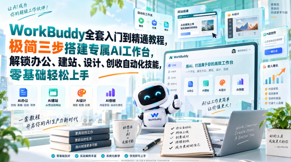 WorkBuddy全套入门到精通教程，极简三步搭建专属AI工作台，解锁办公、建站、设计、创收自动化技能，零基础轻松上手-巅峰研习社