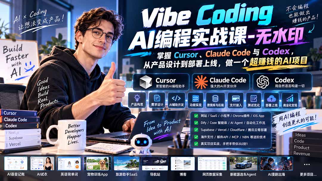 Vibe Coding AI编程实战课-无水印：掌握Cursor、Claude Code与Codex，从产品设计到部署上线，做一个超赚钱的AI项目-巅峰研习社