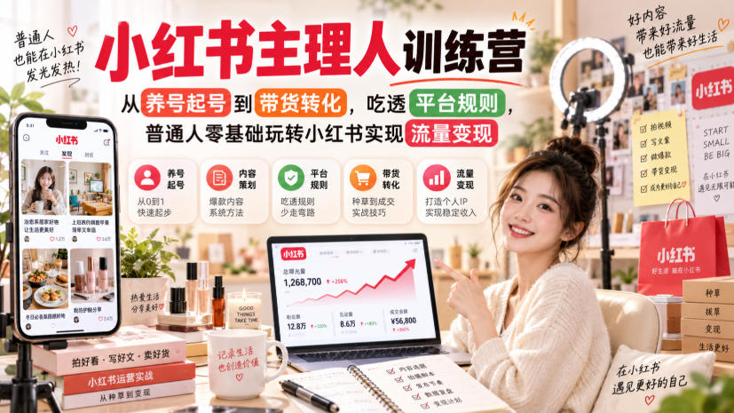 小红书主理人训练营，从养号起号到带货转化，吃透平台规则，普通人零基础玩转小红书实现流量变现-巅峰研习社