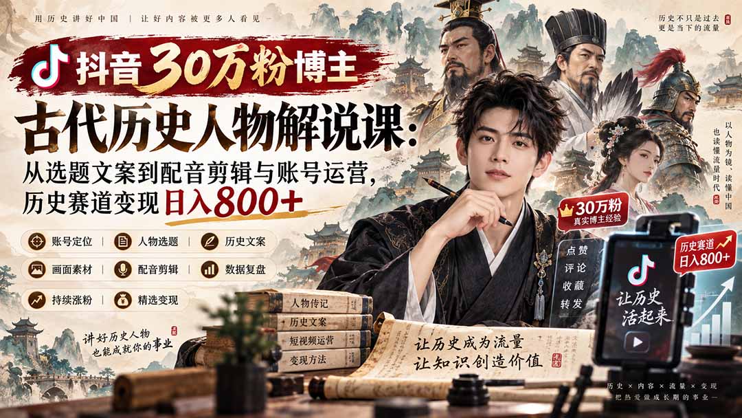 抖音30万粉博主古代历史人物解说课：从选题文案到配音剪辑与账号运营，历史赛道变现日入800+-巅峰研习社