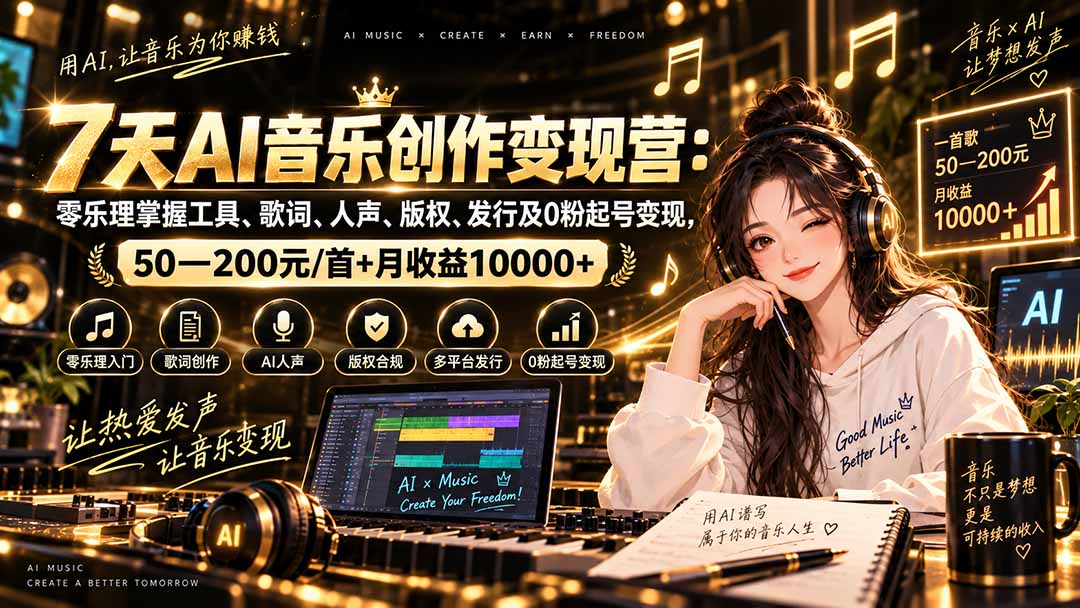 AI音乐创作变现营：零乐理掌握工具、歌词、人声、版权、发行及0粉起号变现，50—200元/首+月收益10000+-巅峰研习社