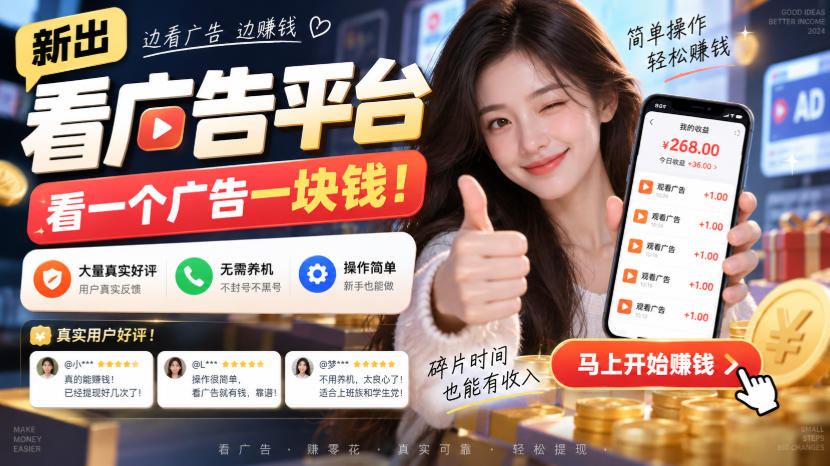 新出看广告平台，看一个广告一块钱，大量真实好评！无需养机、不会黑号，操作简单【揭秘】-巅峰研习社