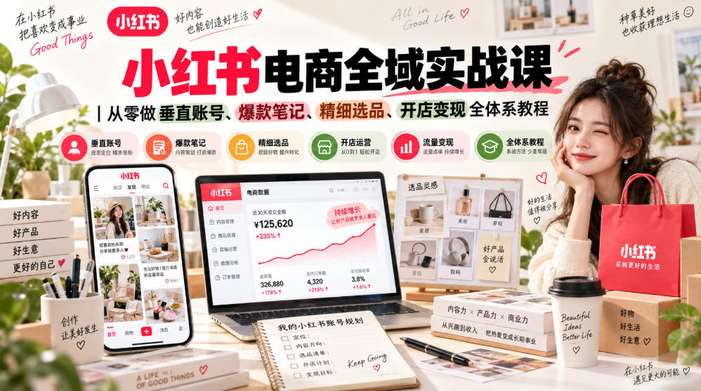 小红书电商全域实战课|从零做垂直账号、爆款笔记、精细选品、开店变现全体系教程-巅峰研习社