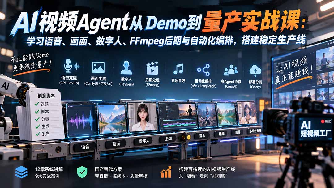 AI视频Agent从Demo到量产实战课：学习语音、画面、数字人、FFmpeg后期与自动化编排，搭建稳定生产线-巅峰研习社