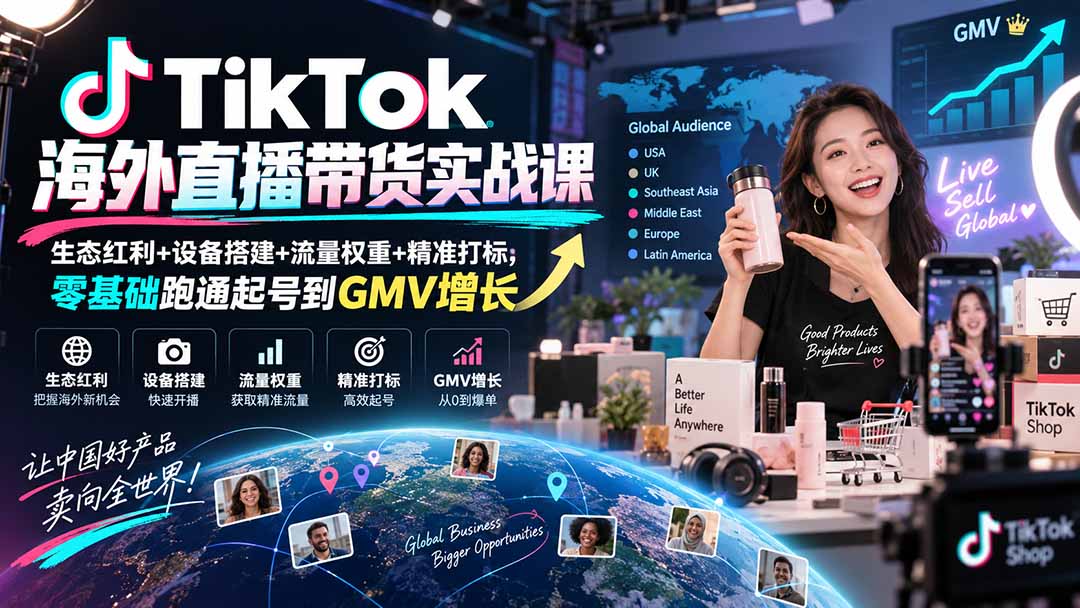 TikTok海外直播带货实战课｜生态红利+设备搭建+流量权重+精准打标，零基础跑通起号到GMV增长-巅峰研习社