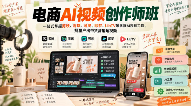 电商AI视频创作师班，一站式掌握剪映、海螺、可灵、即梦、LibTV等多款AI视频工具，批量产出带货营销短视频-巅峰研习社