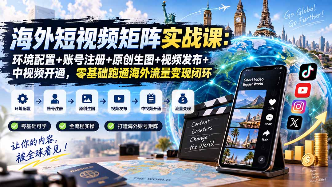 海外短视频矩阵实战课：环境配置+账号注册+原创生图+视频发布+中视频开通，零基础跑通海外流量变现闭环-巅峰研习社