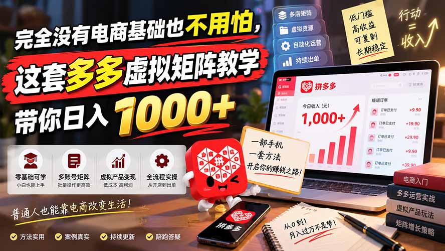 完全没有电商基础也不用怕，这套多多虚拟矩阵教学带你日入 1000+-巅峰研习社