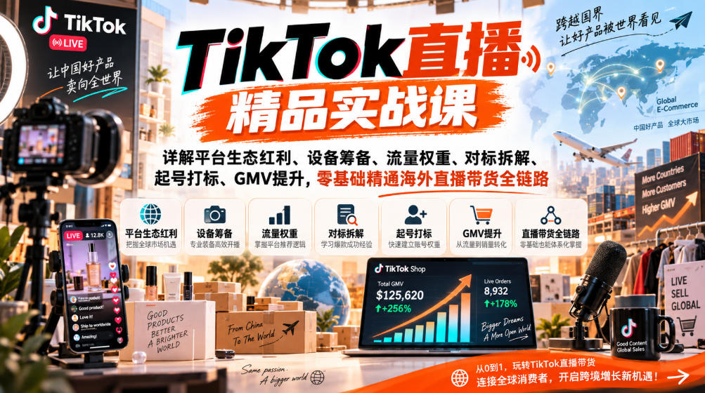 TikTok直播精品实战课，详解平台生态红利、设备筹备、流量权重、对标拆解、起号打标、GMV提升，零基础精通海外直播带货全链路-巅峰研习社