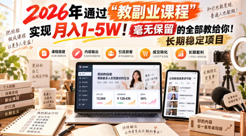 2026年通过“教副业课程”实现月入1-5W！毫无保留的全部教给你！长期稳定项目-巅峰研习社