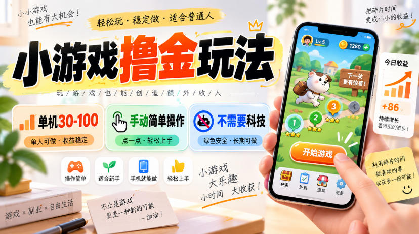小游戏撸金玩法，单机30-100，手动简单操作，不需要科技-巅峰研习社