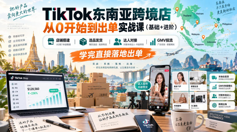 TikTok东南亚跨境店从0开始到出单实战课(基础+进阶)，店铺搭建、选品发货、达人对接、GMV投流，学完直接落地出单-巅峰研习社