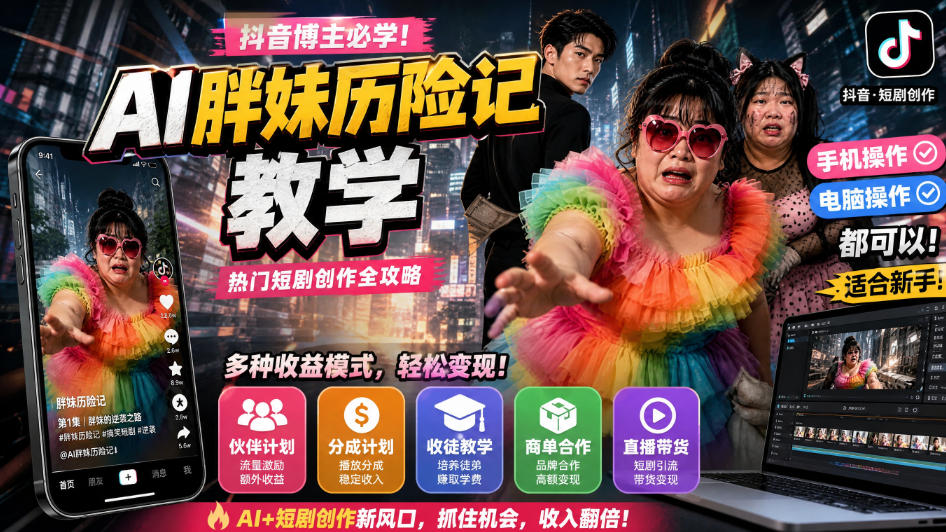 抖音博主的AI胖妹历险记教学，伙伴计划+分成计划+收徒+商单等多种收益，适合新手，手机电脑都可以操作-巅峰研习社