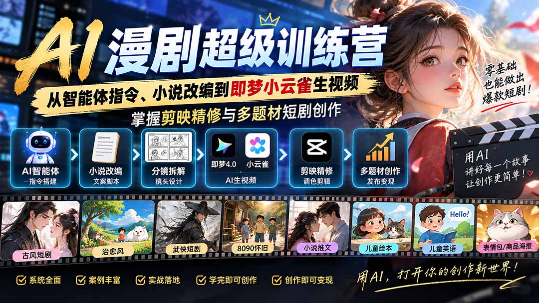 AI漫剧超级特训营：从智能体指令、小说改编到即梦小云雀生视频，掌握剪映精修与多题材短剧创作-巅峰研习社