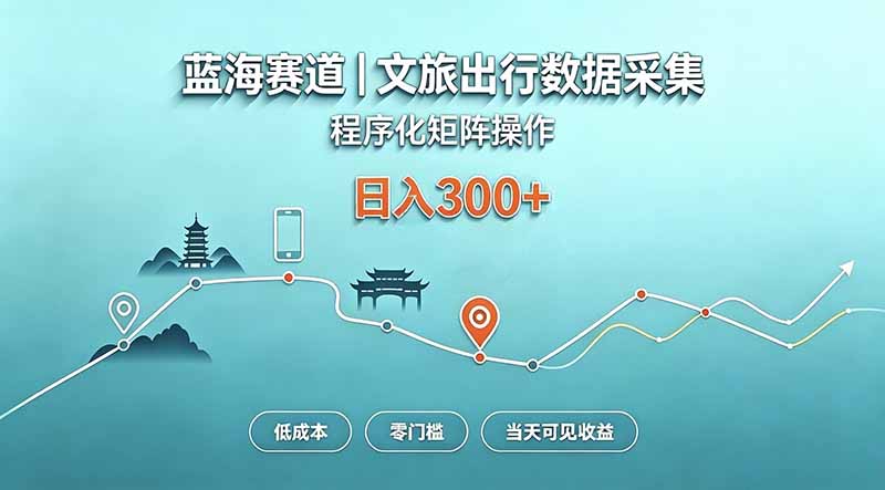 蓝海赛道  文旅出行数据采集  程序化矩阵操作    低成本  零门槛   当天可见收益   日入300+-巅峰研习社