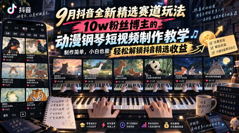 9月抖音全新精选赛道玩法，10w粉丝博主的动漫钢琴短视频制作教学，制作简单，小白也能轻松解锁抖音精选收益-巅峰研习社