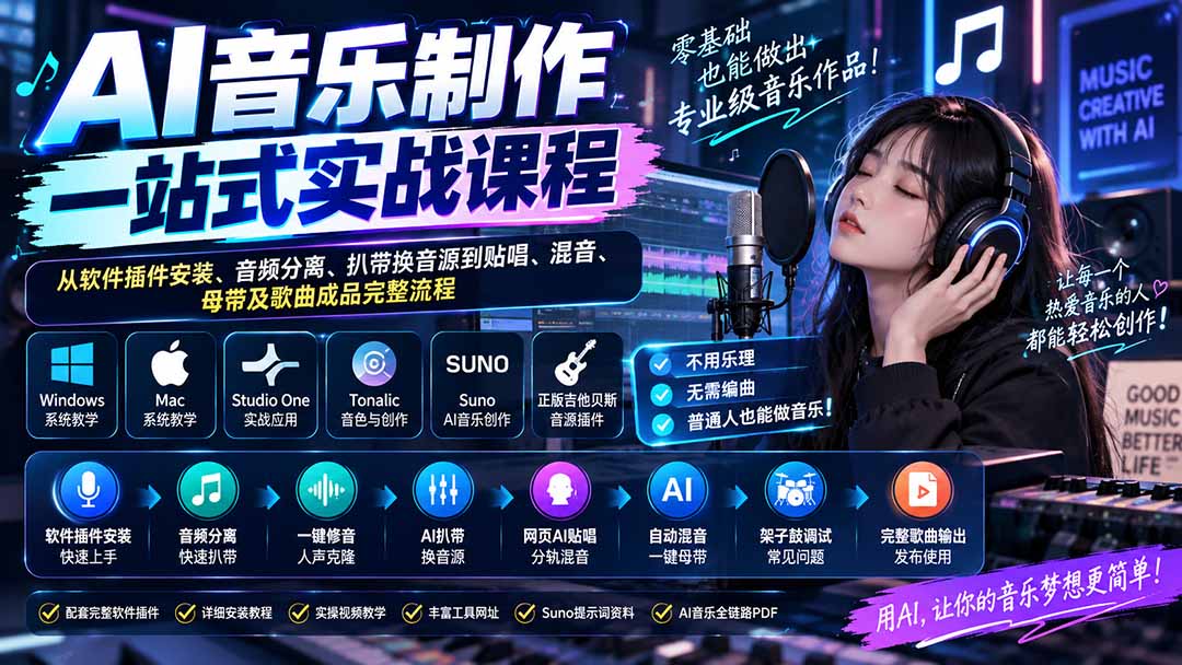 AI音乐制作一站式实战课程：从软件插件安装、音频分离、扒带换音源到贴唱、混音、母带及歌曲成品完整流程-巅峰研习社