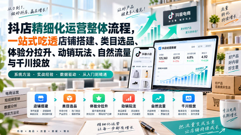 李哥电商-抖店精细化运营整体流程，一站式吃透店铺搭建、类目选品、体验分拉升、动销玩法、自然流量与千川投放-巅峰研习社
