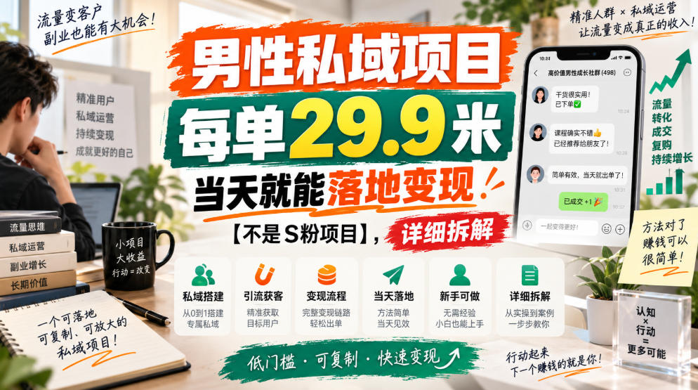 男性私域项目,每单29.9米,当天就能落地变现【不是S粉项目】,详细拆解-巅峰研习社