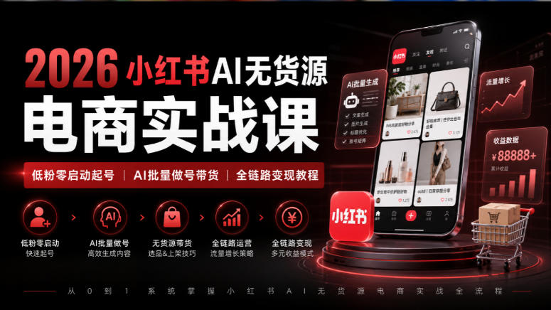2026小红书AI无货源电商实战课｜低粉零启动起号｜AI批量做号带货全链路变现教程-巅峰研习社