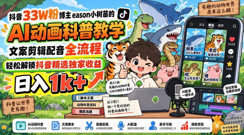 抖音33W粉博主eason小树苗的AI动画科普教学，文案剪辑配音全流程，轻松解锁抖音精选独家收益，日入1k+-巅峰研习社