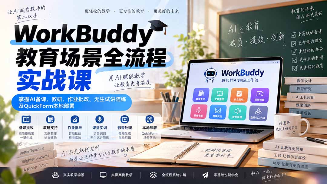 WorkBuddy教育场景全流程实战课：掌握AI备课、教研、作业批改、无生试讲陪练及QuickForm本地部署-巅峰研习社