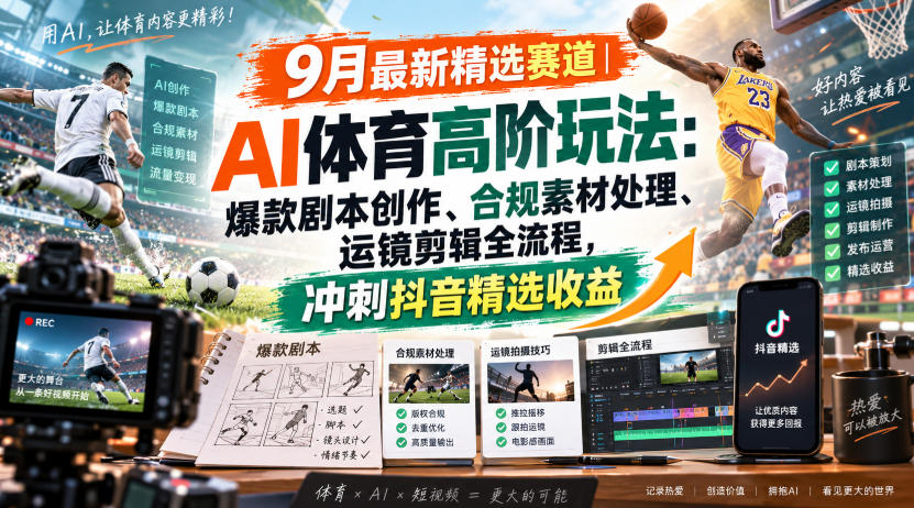 某大佬的9月最新精选赛道之AI体育顶级玩法,爆款剧本创作、版权规避、运镜剪辑全流程,稳拿抖音精选收益-巅峰研习社