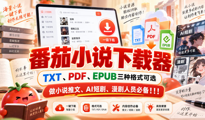 番茄小说下载器，TXT、PDF、EPUB三种格式可选，做小说推文、AI短剧、漫剧人员必备！！！-巅峰研习社