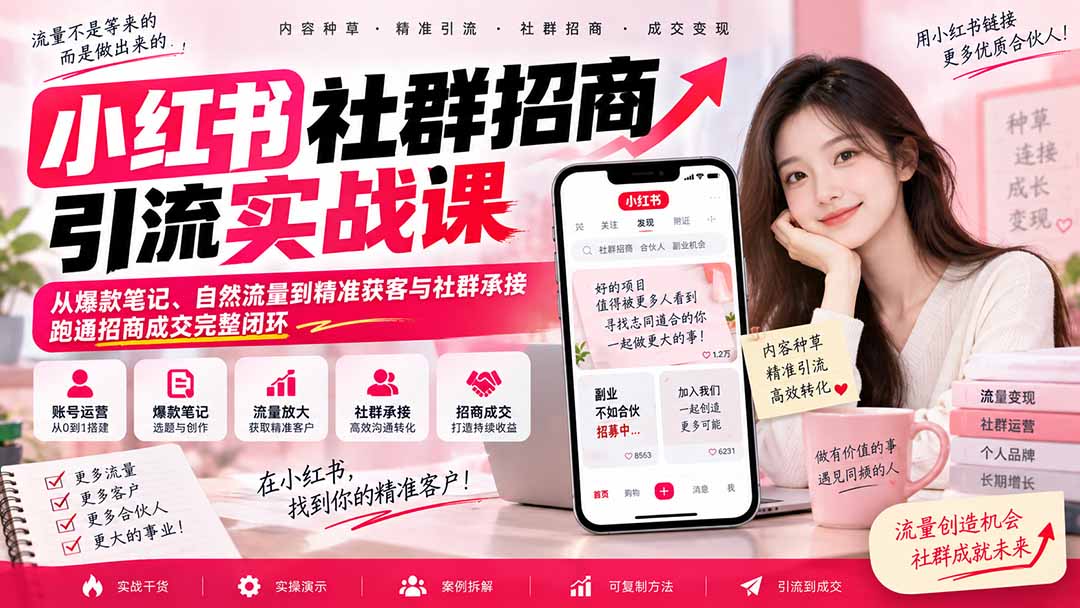 小红书社群招商引流实战课-无水印：从爆款笔记、自然流量到精准获客与社群承接，跑通招商成交完整闭环-巅峰研习社