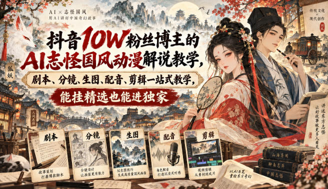 抖音10W粉丝博主满堂诡事的AI志怪国风动漫解说教学，剧本、分镜、生图、配音、剪辑一站式教学，能挂精选也能进独家​-巅峰研习社