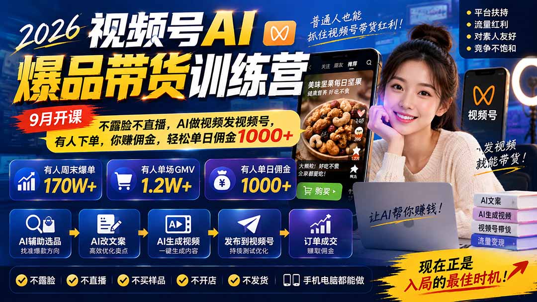 图片[1]-2026视频号AI爆品带货训练营-9月开课｜不露脸不直播，AI做视频发视频号，有人下单，你赚佣金，轻松单日佣金1000+-巅峰研习社