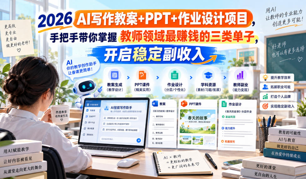 2026 AI写作教案+PPT+作业设计项目，手把手带你掌握教师领域最賺钱的三类单子，开启稳定副收入-巅峰研习社