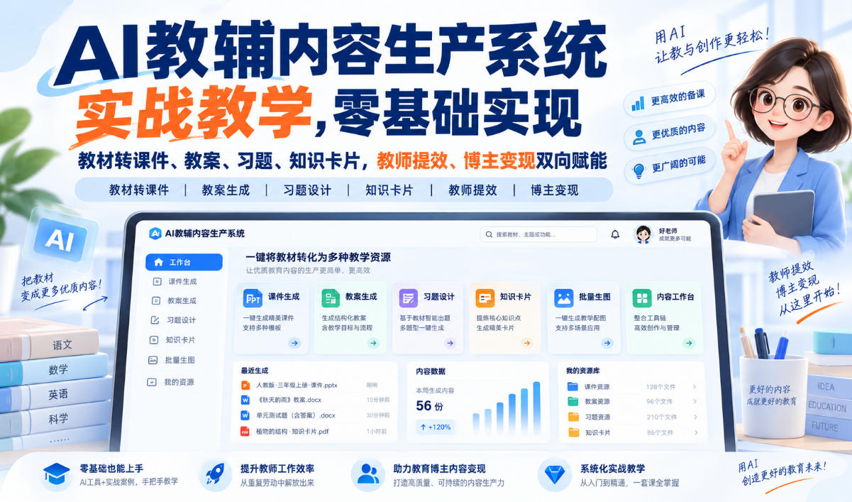 AI教辅内容生产系统实战教学，零基础实现教材转课件、教案、习题、知识卡片，教师提效、博主变现双向赋能-巅峰研习社