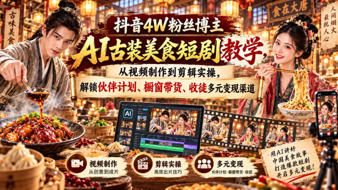 抖音4W粉丝博主AI古装美食短剧教学，从视频制作到剪辑实操，解锁伙伴计划、橱窗带货、收徒多元变现渠道-巅峰研习社