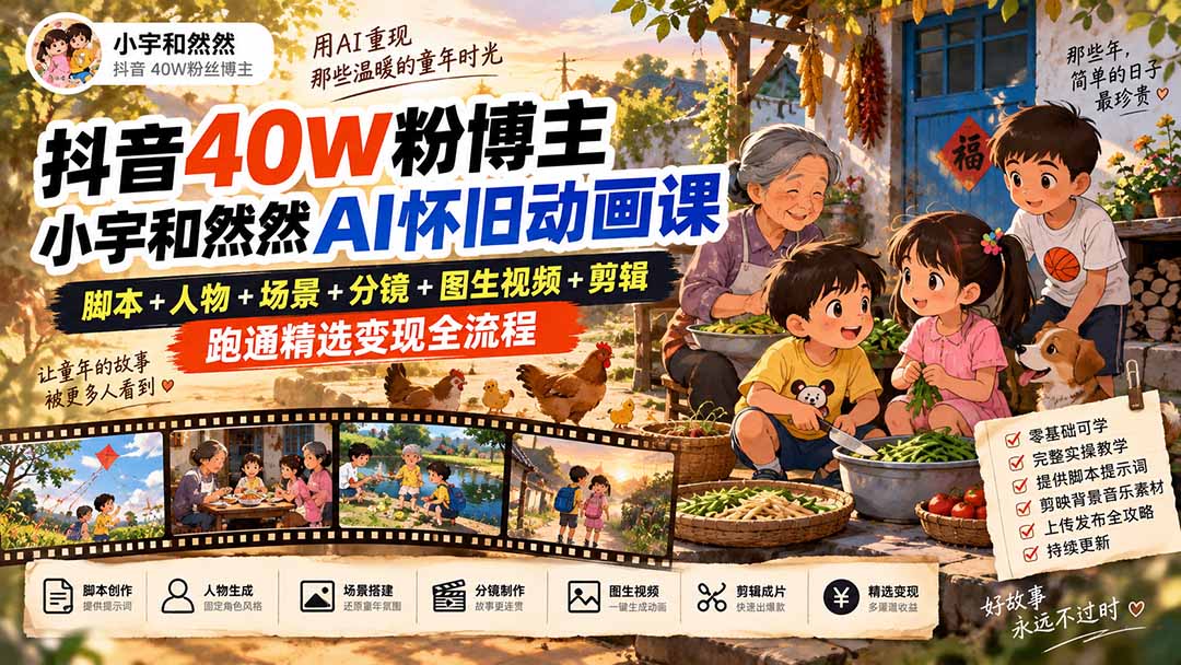抖音40W粉博主小宇和然然AI怀旧动画课｜脚本+人物+场景+分镜+图生视频+剪辑，跑通精选变现全流程-巅峰研习社