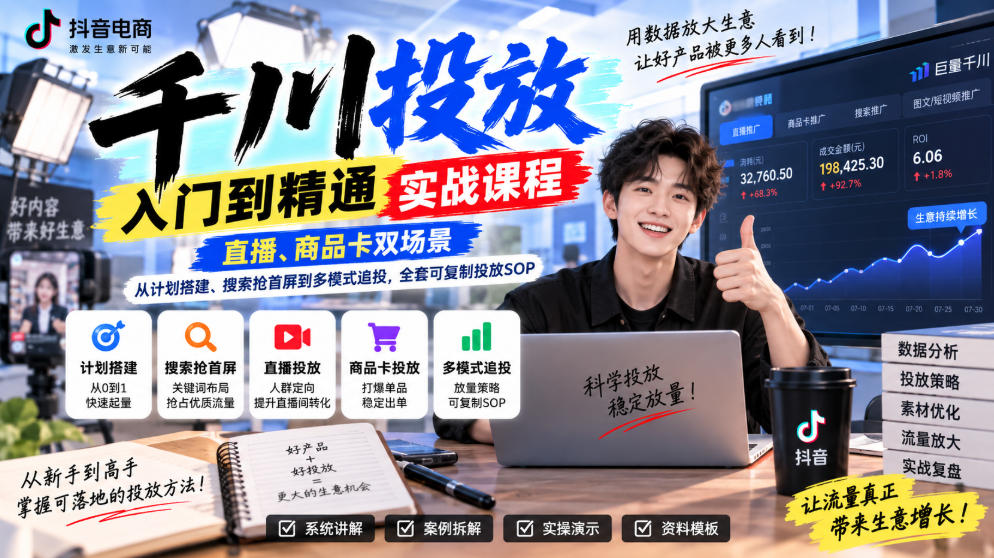 千川投放入门到精通实战课程，直播、商品卡双场景，从计划搭建、搜索抢首屏到多模式追投，全套可复制投放SOP-巅峰研习社