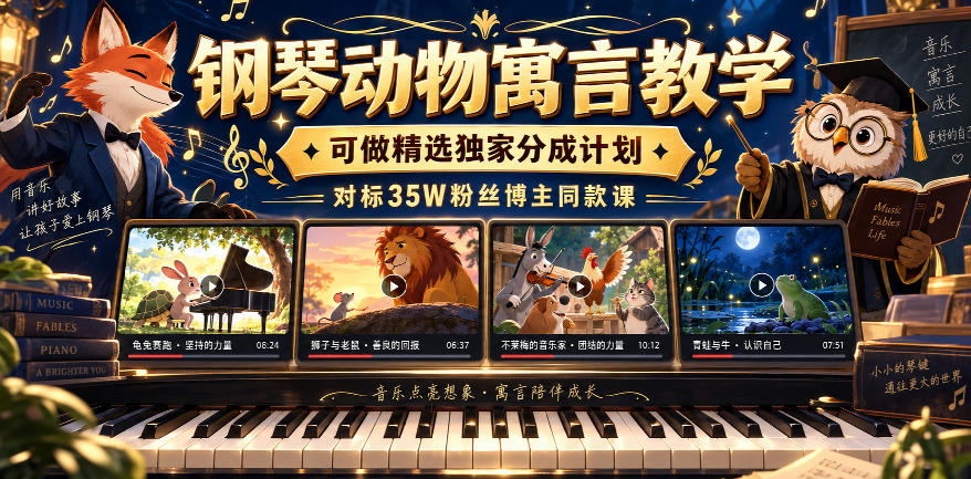 钢琴动物寓言教学，可做精选独家分成计划，对标35W粉丝博主同款课-巅峰研习社