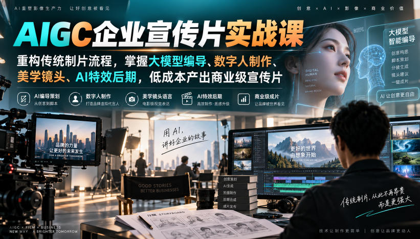 AIGC企业宣传片实战课，重构传统制片流程，掌握大模型编导、数字人制作、美学镜头、AI特效后期，低成本产出商业级宣传片-巅峰研习社