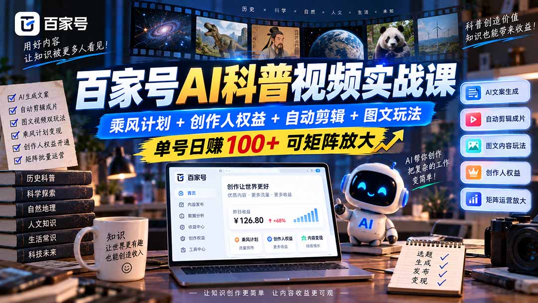 百家号AI科普视频实战课：乘风计划+创作人权益+自动剪辑+图文玩法，单号日赚100+可矩阵放大-巅峰研习社