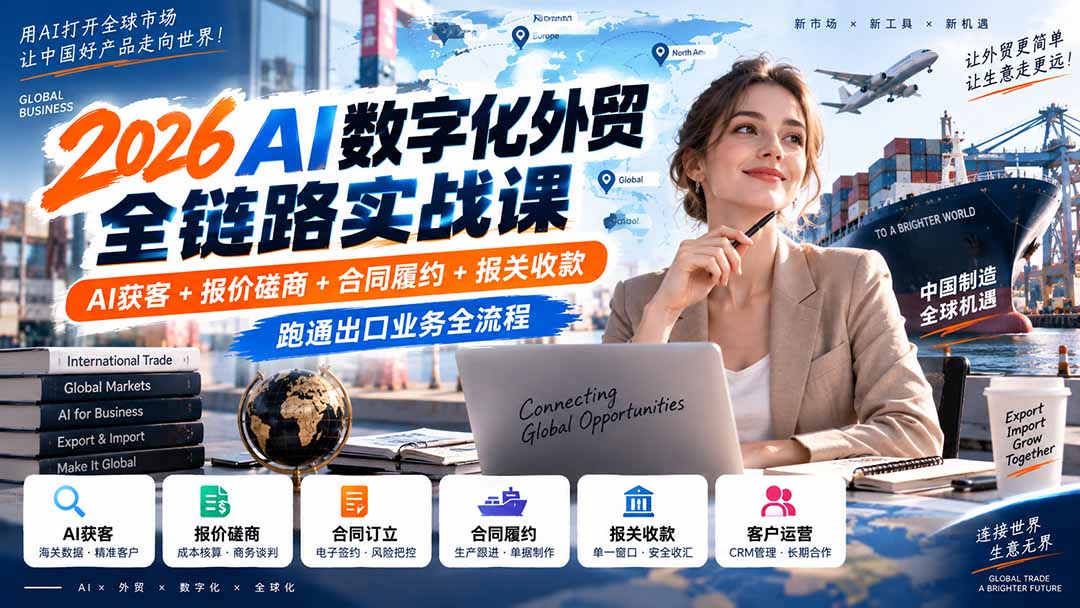2026AI数字化外贸全链路实战课：AI获客+报价磋商+合同履约+报关收款，跑通出口业务全流程-巅峰研习社