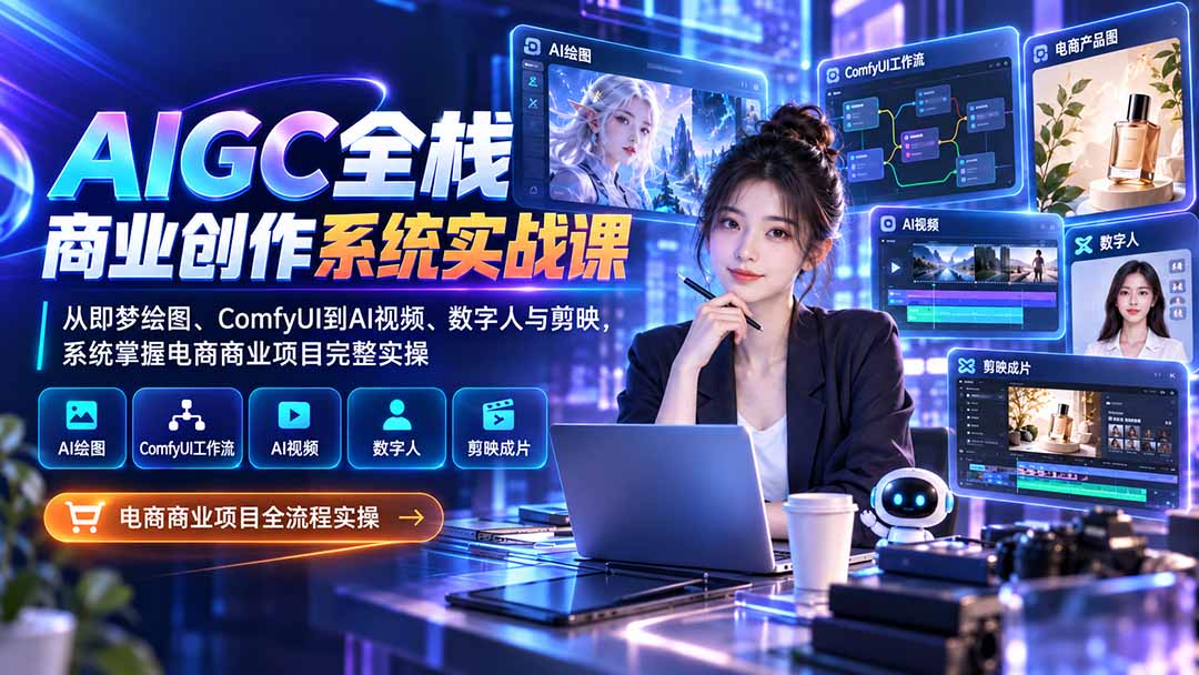 AIGC全栈商业创作系统实战课-无水印：从即梦绘图、ComfyUI到AI视频、数字人与剪映，系统掌握电商商业项目完整实操-巅峰研习社