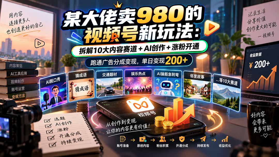 某大佬卖980的视频号新玩法：拆解10大内容赛道+AI创作+涨粉开通，跑通广告分成变现，单日变现200+-巅峰研习社