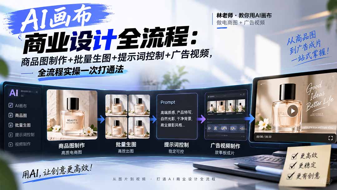 AI画布商业设计全流程:商品图制作+批量生图+提示词控制+广告视频,全流程实操一次打通法-巅峰研习社