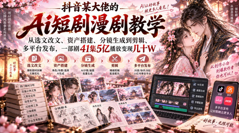 抖音某大佬的Ai短剧漫剧教学，从选文改文、资产搭建、分镜生成到剪辑、多平台发布，一部剧41集5亿播放变现几十W-巅峰研习社