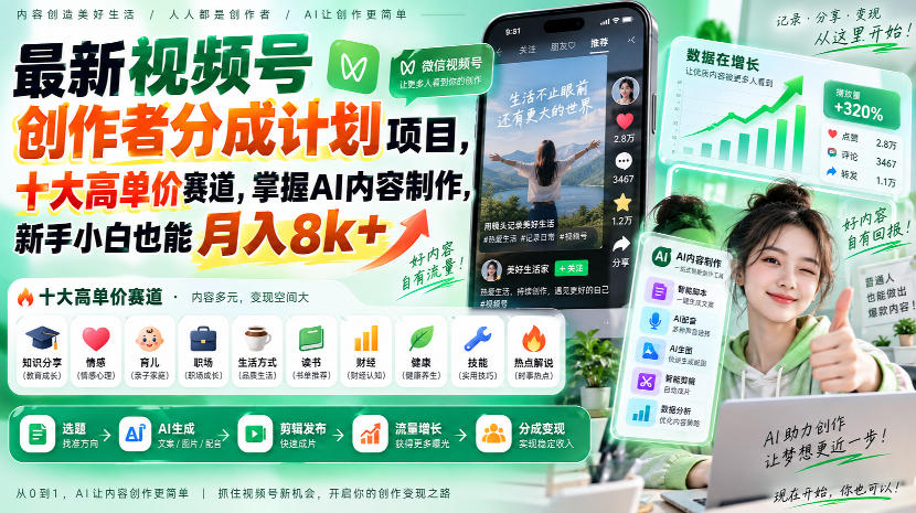 最新视频号创作者分成计划项目，十大高单价赛道，掌握AI内容制作，新手小白也能月入8k+-巅峰研习社
