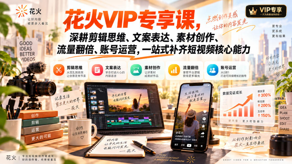花火VIP专享课，深耕剪辑思维、文案表达、素材创作、流量翻倍、账号运营，一站式补齐短视频核心能力-巅峰研习社