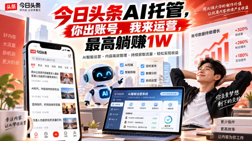 今日头条AI托管，你出账号，我来运营，最高躺賺1W【揭秘】-巅峰研习社